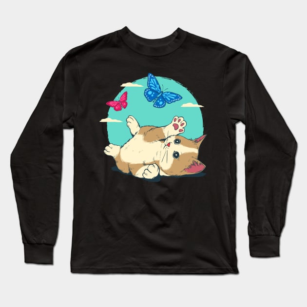 Cute Cat Playing With Butterfly Blue Sky Long Sleeve T-Shirt by anubis1986